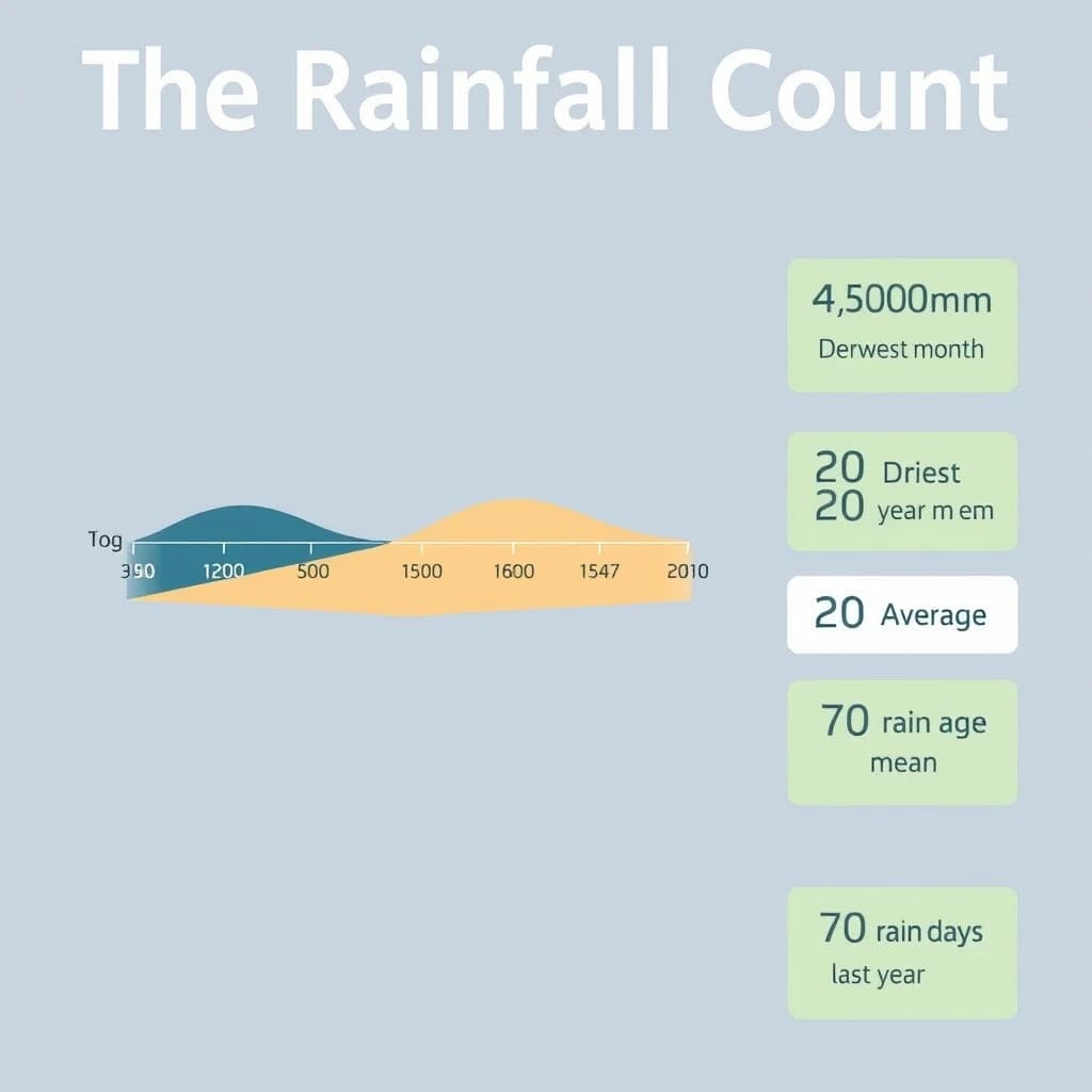 Printed poster titled "The Rainfall Count": at the center a twelve-month rainfall timeline, carrying three keyed regions, "Wettest" shaded dark blue, "Driest" shaded sand and "Average" shaded pale green, beside a right column of three stat chips reading "450mm in the wettest month", "20% above the ten-year mean" and "70 rain days last year".