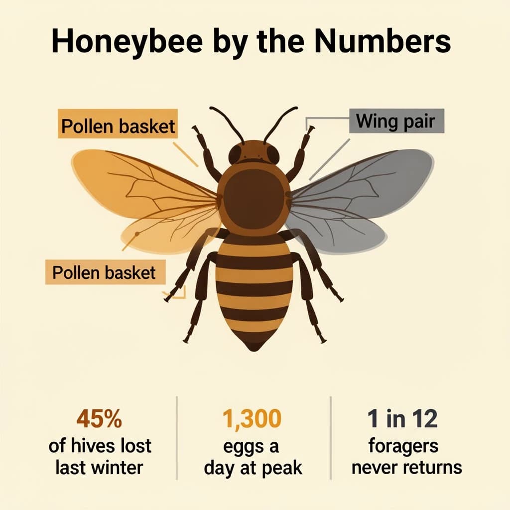 Flat vector illustration titled "Honeybee by the Numbers". A labeled bee diagram sits at the center, carrying two keyed regions, "Pollen basket" shaded amber and "Wing pair" shaded slate. Three stat chips run down a bottom row, reading "45% of hives lost last winter", "1,300 eggs a day at peak" and "1 in 12 foragers never returns". Each key color matches the shading of the region it names.