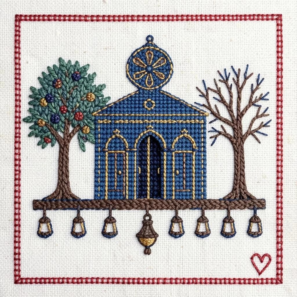Pin stitched as a cross stitch sampler on natural linen, chunky visible stitches. Center: a synagogue front elevation in deep blue and gold thread, a rose window above three arched doors, the middle door taller and standing open while the two outer doors are closed. Two stitched olive trees flank the building, the left one heavy with fruit and the right one bare. Along the bottom, nine stitched lamps hang from a stitched beam with the middle lamp hanging lower than the rest. A narrow pomegranate border runs all the way around, with a small stitched heart in the bottom right corner.