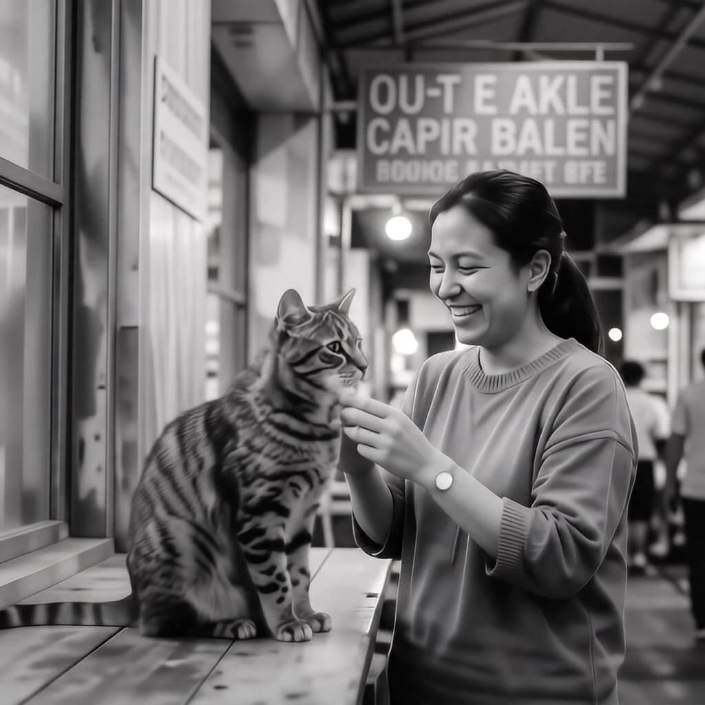 Channel Cat and Megathere in Manila, Philippines in the style of black and white