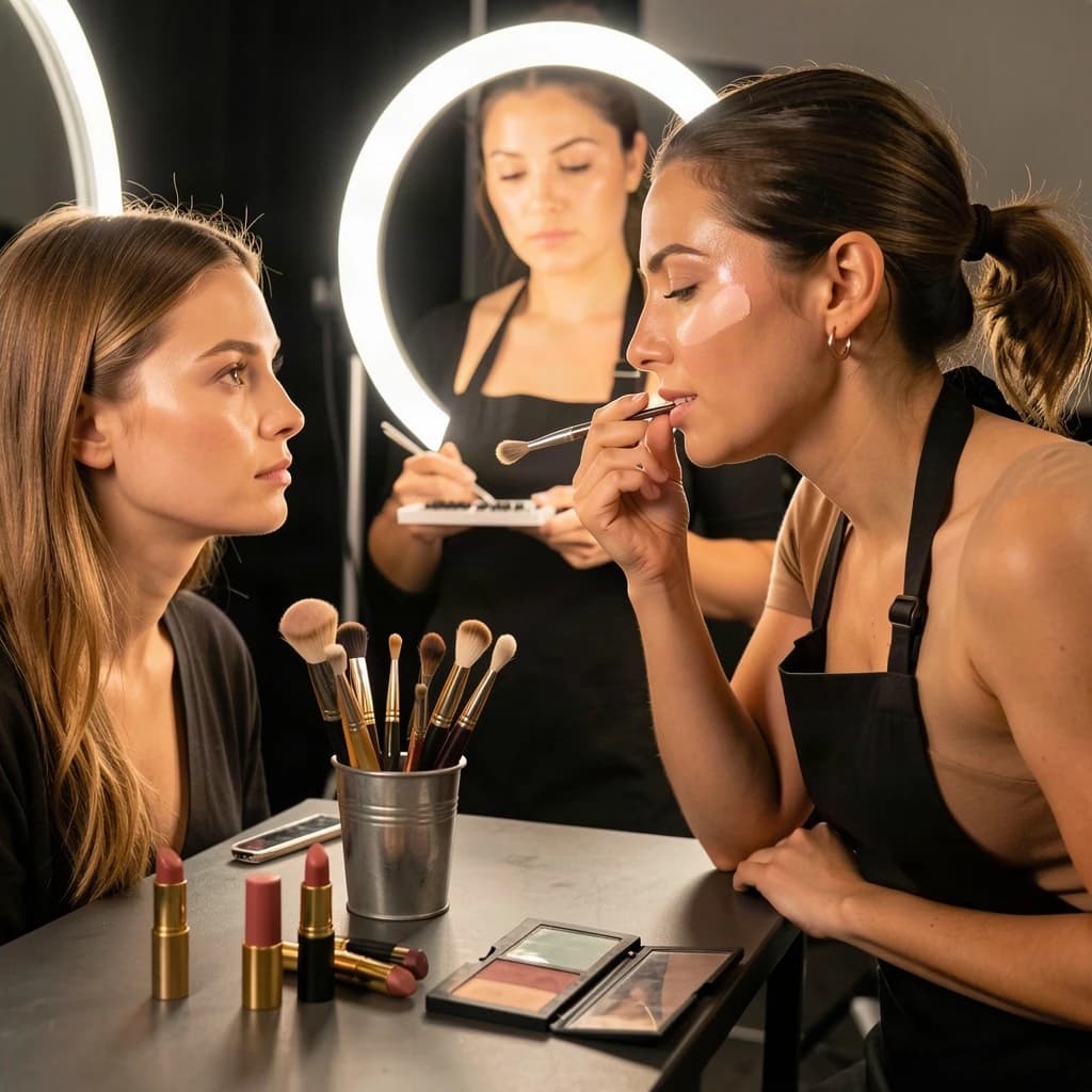 Fashion photograph at a backstage vanity lit by a ring light. A makeup artist in a black apron leans in from the right and blends cream blush into a seated model's cheekbone with her fingers, while a second artist standing behind them holds a lash tray in one hand and tweezers in the other, mid pick. On the counter between them: six brushes standing bristle up in a metal cup, three lipstick bullets lying in a row with their caps off beside them, and one open palette showing two used shades and four untouched. Warm skin tones, glossy highlights, shallow depth of field.