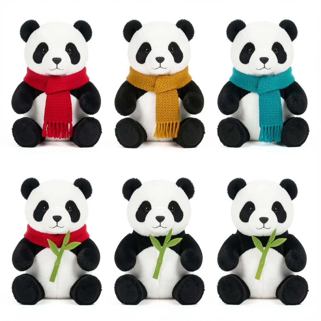 Studio product photography, plain white variant grid: six panda plushes in two rows of three, all seated facing camera. The top row wears knit scarves in red, mustard and teal. The bottom three wear no scarves, each holding a small felt bamboo shoot.