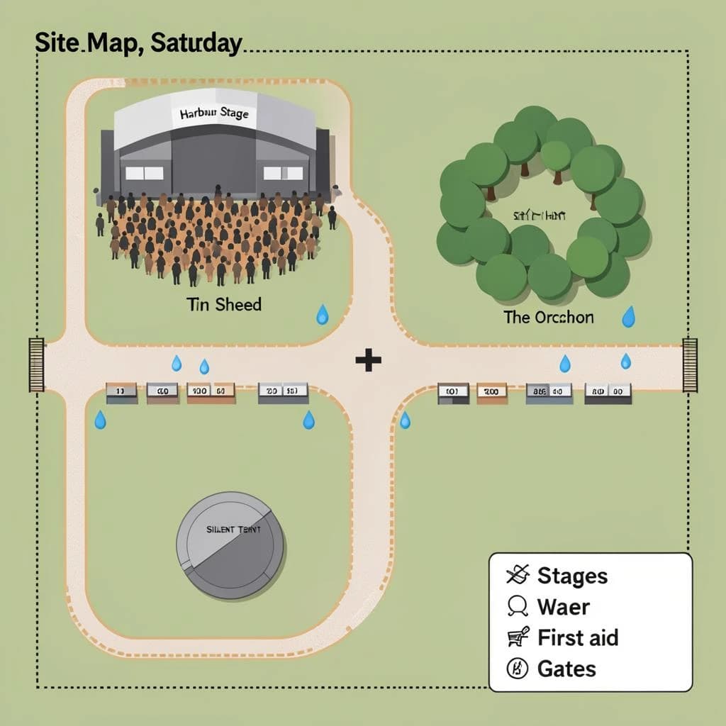 Festival site map in flat editorial infographic style, bird's eye, flat colour blocks on a sage green field inside a dotted perimeter fence.
Four stages: the main "Harbour Stage" along the north edge with a wide crowd shape in front of it, "Tin Shed" on the east, "The Orchard" on the west inside a cluster of round tree canopies, and a small circular "Silent Tent" at the south west corner with no crowd shape around it.
Two food streets run east to west between the stages, the northern one with nine numbered stalls and the southern one with six. Three water points marked by blue droplets sit one beside each of the first three stages. A single first aid cross sits where the two food streets meet the central path.
A gravel path loops the whole site as a dashed ochre line, with entrance gates on the south and east sides only.
A legend box in the lower right lists "Stages", "Food", "Water", "First aid" and "Gates", each with its own symbol. Title at the top left reads "Site Map, Saturday".