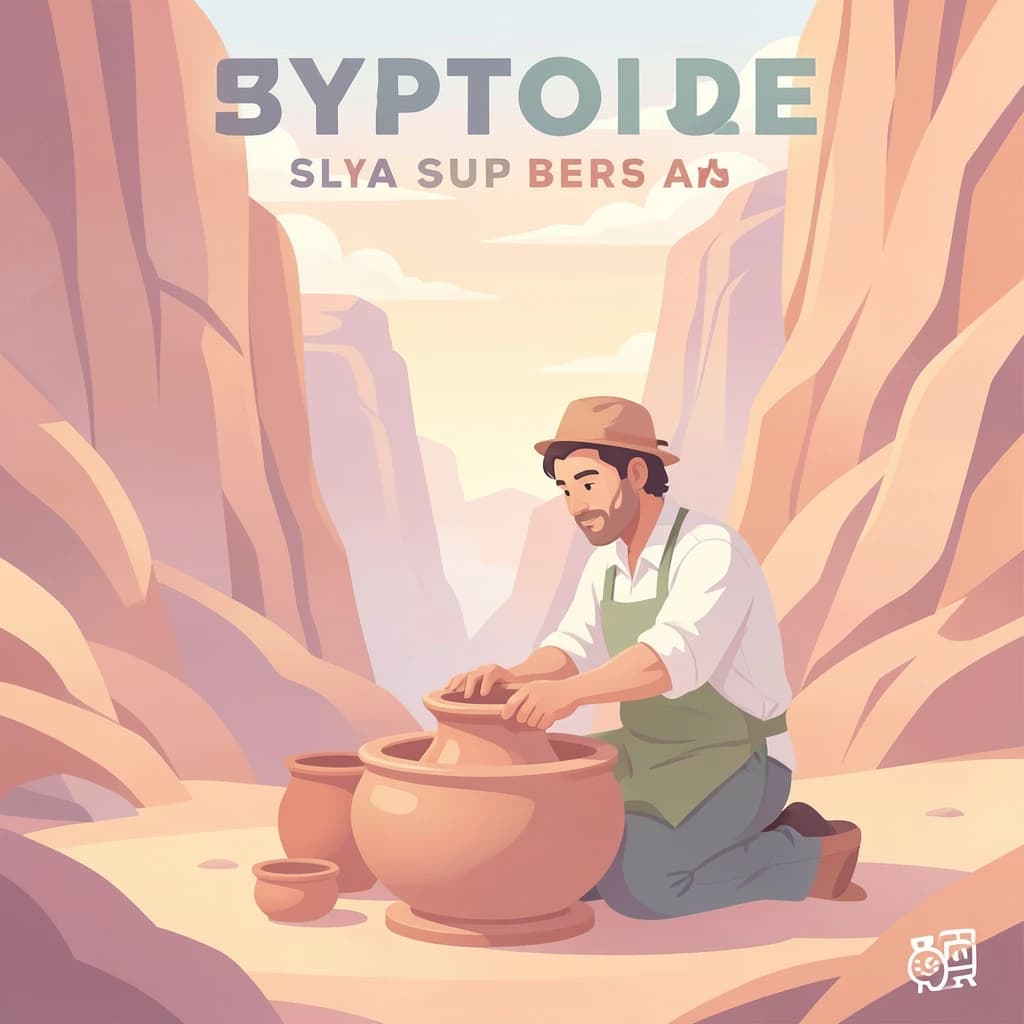 Poster illustration of a potter in a desert canyon, soft gradient fills, smooth vector finish, pastel palette.