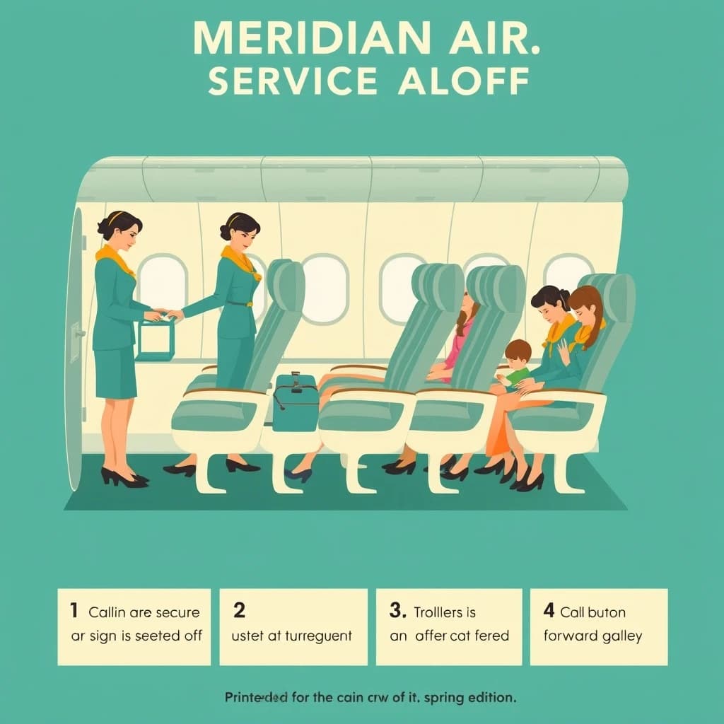 Flat vector poster in a nineteen sixties airline style, teal, mustard and cream.
A cutaway of a single aisle cabin seen from the side, five rows of seats visible. Three flight attendants in teal skirt suits with mustard scarves: one pushing a trolley in the aisle at row two, one handing a cup down to a window passenger in row four, one crouched beside a child in row five fastening a seatbelt. Nine passengers seated, four of them reading, and both aisle seats in row three empty.
Along the bottom, a numbered legend in cream boxes reading "1. Cabin service begins after the seatbelt sign is switched off.", "2. Trolleys are secured at every stage of turbulence.", "3. Water is offered on request throughout the flight.", "4. Call buttons are answered from the forward galley."
Masthead across the top reads "MERIDIAN AIR: SERVICE ALOFT", and a small line under the cabin reads "Printed for the cabin crew of the Meridian fleet, spring edition."