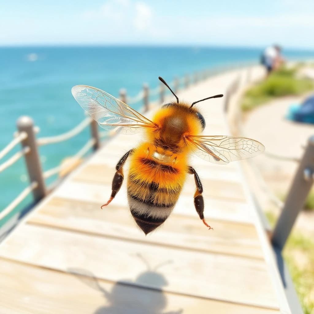 A honeybee seen from the back on a seaside boardwalk, in bright midday sun, overhead flat lay, watercolor style.