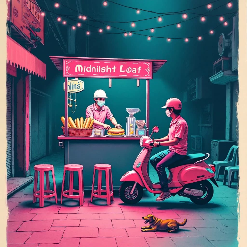 Two-color risograph print key art in fluorescent pink and teal with visible misregistration and paper grain, for a street food courier game. A night market alley: the banh mi cart at center with three baguettes standing upright in a basket and two more being sliced by the vendor, who hands one wrapped sandwich down to a courier straddling a scooter. Four plastic stools in front of the cart, three occupied and the one nearest the gutter tipped over. Two strings of bulbs cross overhead. A dog waits under the cart axle. The stall banner reads "Midnight Loaf".