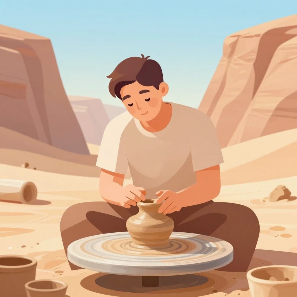 Poster illustration of a potter in a desert canyon, soft gradient fills, smooth vector finish, pastel palette.