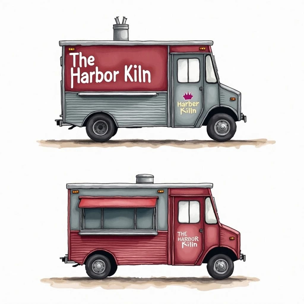 Watercolor of the same food truck drawn in two sides, captioned "left side" and "front", every side carrying the wordmark "The Harbor Kiln" with a simple crown outline beside it in the same maroon-and-gray coloring, only the side changing.