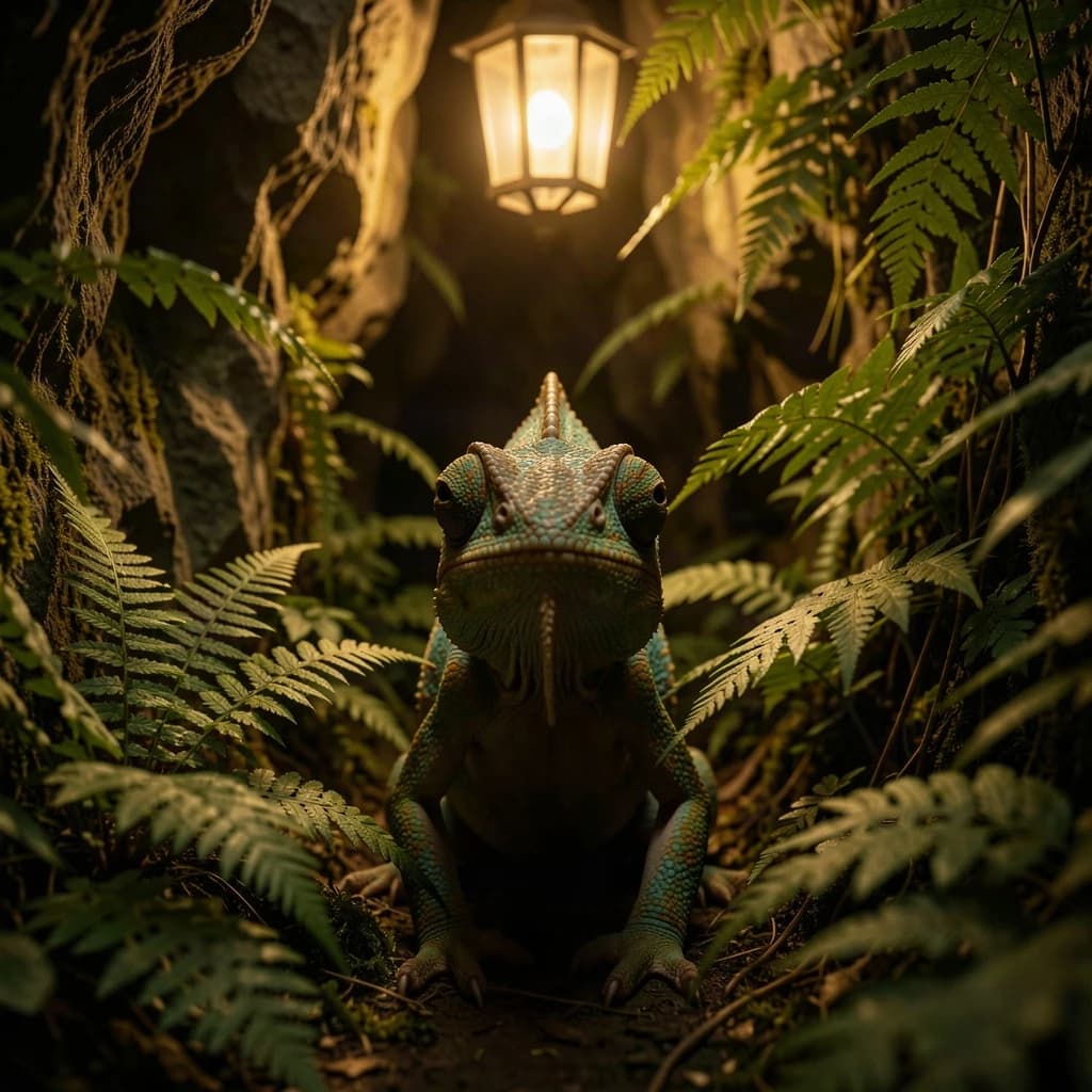 A chameleon half in shadow in a fern-filled ravine, under warm lamplight, symmetrical head-on framing, soft-focus portrait photography style.