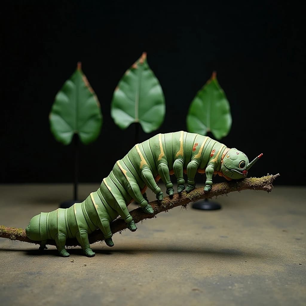 Macro photography of a practical effects test on a soundstage floor. A metre-long animatronic caterpillar puppet, dull green with a cream stripe, arched over a moss-covered branch: eight pairs of stubby legs, the front three pairs gripping the branch, the rest hanging free. Two thin black rods run out of frame to the right where a puppeteer's hands are just visible, and a third rod supports the head, which is turned toward camera with its mandibles open. Behind it, three sprayed foam leaves on stands, the middle one already chewed through. Hard key from above, black felt background, dust in the air.