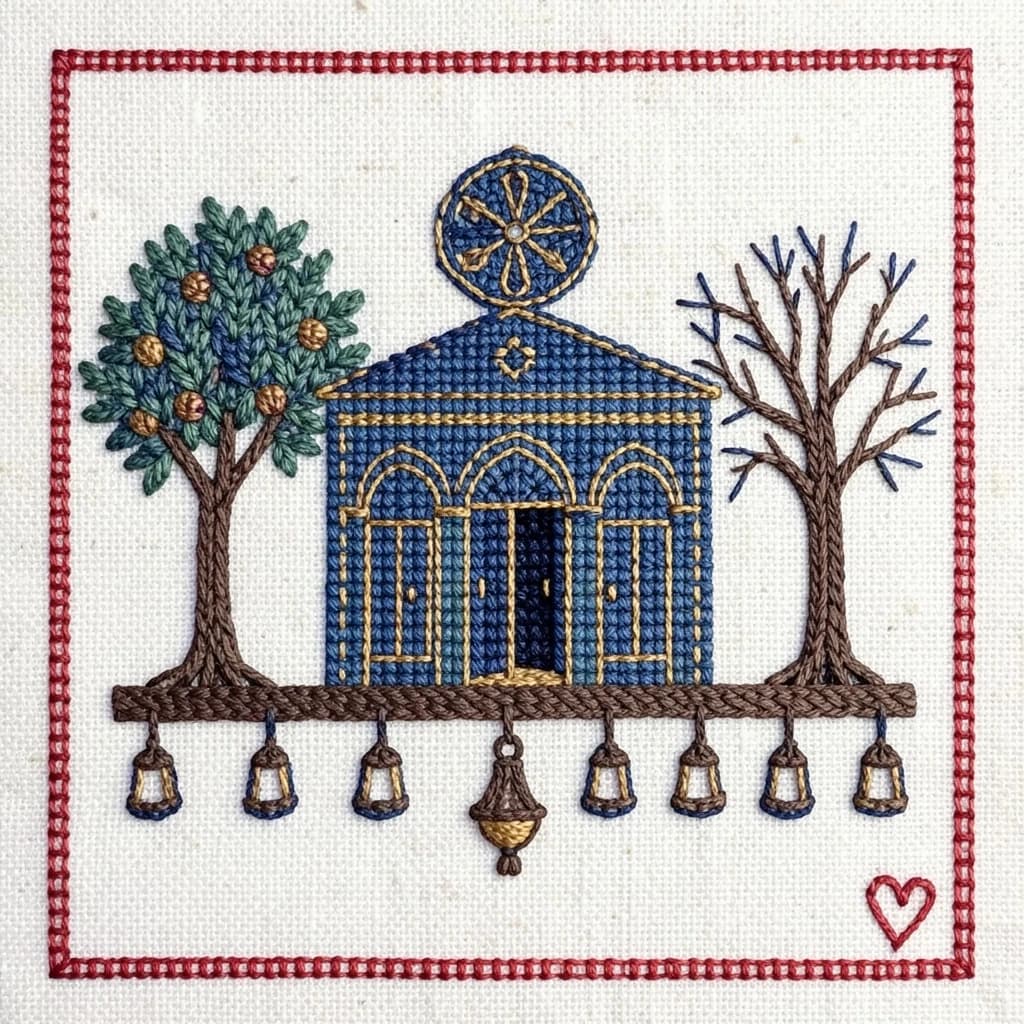 Pin stitched as a cross stitch sampler on natural linen, chunky visible stitches. Center: a synagogue front elevation in deep blue and gold thread, a rose window above three arched doors, the middle door taller and standing open while the two outer doors are closed. Two stitched olive trees flank the building, the left one heavy with fruit and the right one bare. Along the bottom, nine stitched lamps hang from a stitched beam with the middle lamp hanging lower than the rest. A narrow pomegranate border runs all the way around, with a small stitched heart in the bottom right corner.