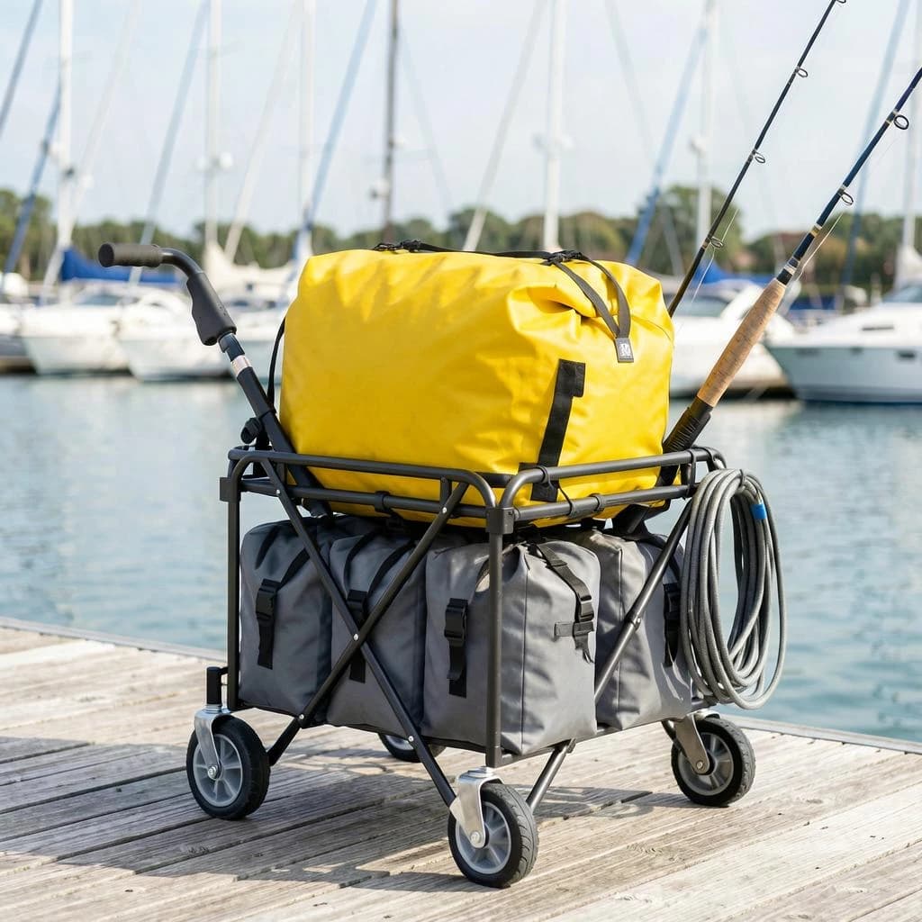 Lifestyle listing photo on a marina dock: a folding dock cart holding three dry bags, the largest yellow and the two smaller ones grey, two fishing rods leaning against the handle, and one coiled dock line hanging from the front rail. Masts blurred behind.