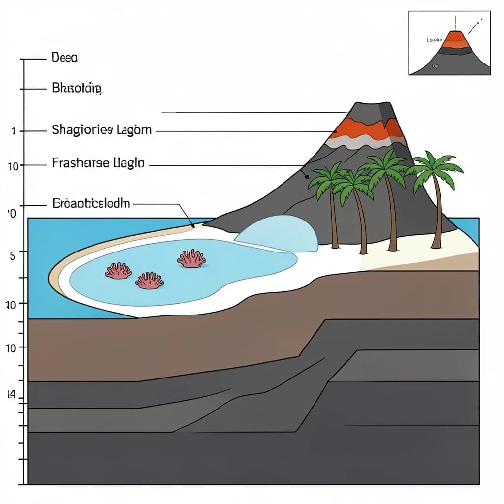 Cross section of a volcanic tropical island as a flat academic figure with clean colour blocks and a horizontal sea level line. Reading from the ocean on the left toward the right: a fringing reef crest, a shallow lagoon holding three coral heads, a white sand beach, a coconut palm belt of five trees, then a rising basalt cone with two lava layers picked out in darker grey, and a freshwater lens drawn as a pale blue dome under the middle of the island. Below sea level the flanks drop in three stepped terraces to a flat deep floor. Eight leader line labels, a depth scale down the left edge, and a small locator inset in the top right.