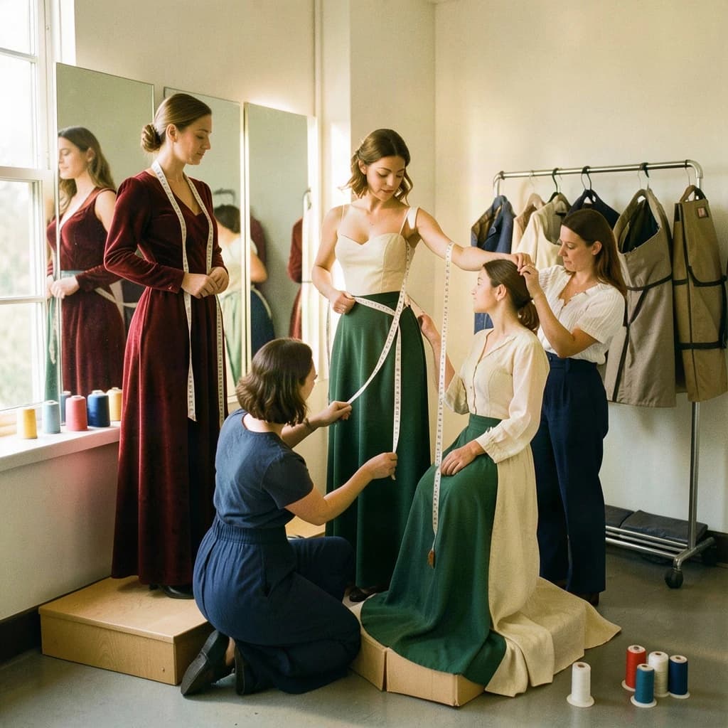 35mm film photograph, wardrobe fitting room, warm late afternoon window light and soft grain. Three actresses stand on low platforms in front of a three-panel mirror. The one in the red velvet gown has a cloth tape measure draped around her neck. A seamstress kneels beside the one in the green gown, measuring her hem with a second tape measure. The third actress, in an unfinished cream bodice, holds both arms out while another seamstress pins her sleeve. Six spools of thread line the windowsill, and only the two at the right end are unwound. A rolling rack behind them carries eight garment bags, one of them unzipped.