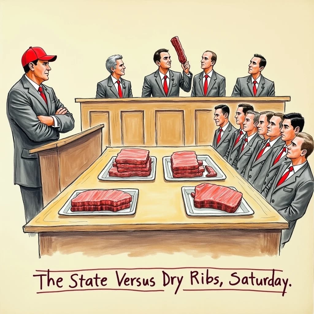 Courtroom sketch poster in colored pencil on toned paper for a barbecue joint's rib contest. The judges' bench sits at top center with three judges behind it, the middle one holding a rib up to the light while the other two turn toward each other. On the evidence table below stand four trays: two stacked with ribs, one holding a single burnt end, one empty. A pitmaster in a red cap stands at the podium on the left with his arms crossed. Six jurors fill the box on the right, five with napkins tucked into their collars and one without. Caption bar at the bottom reads "The State Versus Dry Ribs, Saturday".