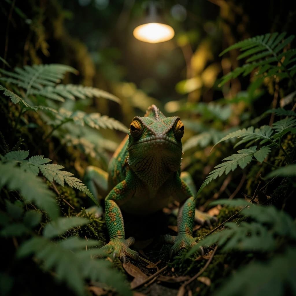A chameleon half in shadow in a fern-filled ravine, under warm lamplight, symmetrical head-on framing, soft-focus portrait photography style.