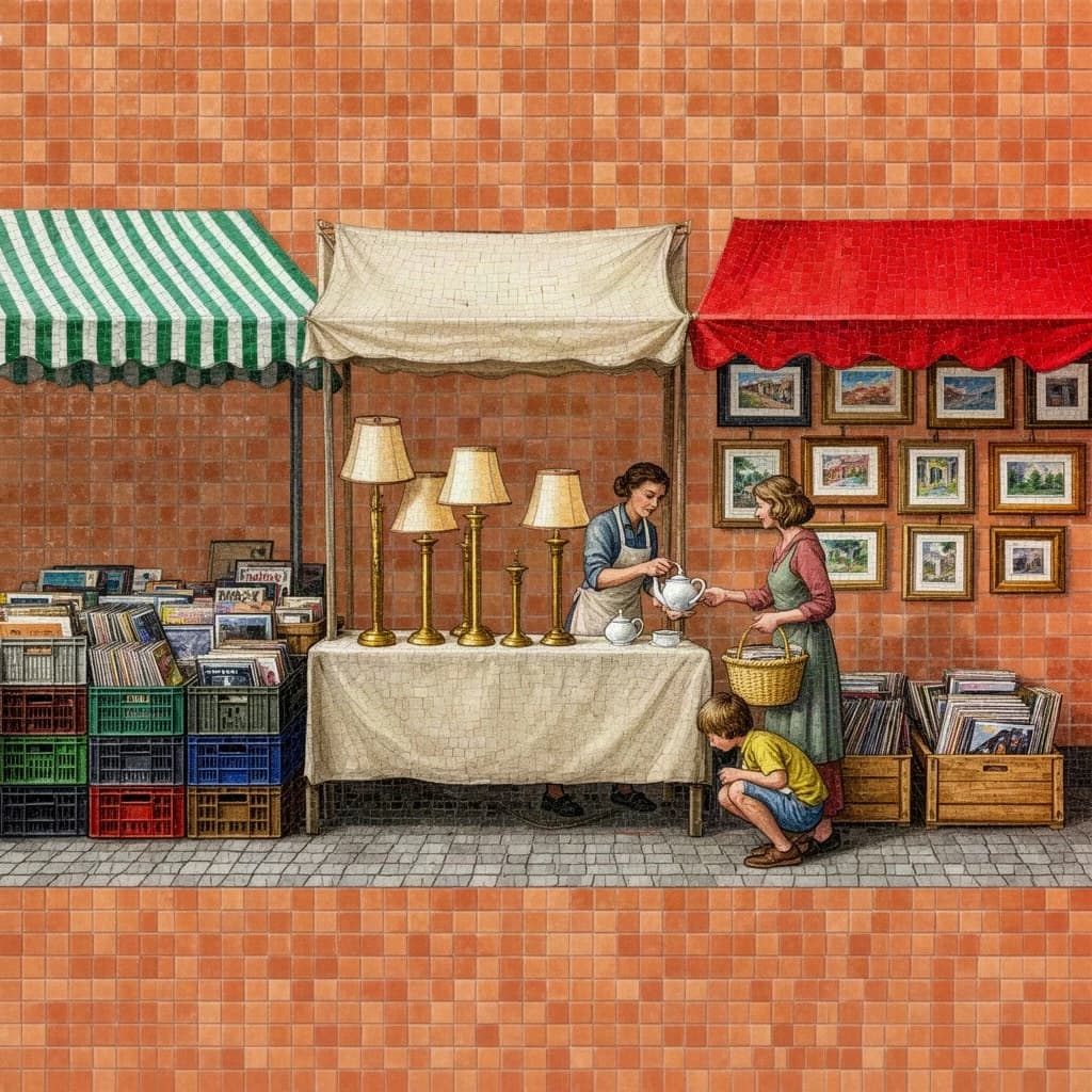 Glass tile mosaic of a Sunday flea market seen from a slightly raised angle, small square tesserae and warm terracotta grout. Three stall awnings in a row: the left one striped green and white over stacked vinyl crates, the middle plain canvas over six brass lamps with only the two tallest wearing shades, the right red awning hung with nine framed pictures in three rows of three. Under the middle awning a vendor in an apron hands a teapot across the table to a woman holding a straw basket, while a boy crouches at her feet by a crate of records. No lettering anywhere.