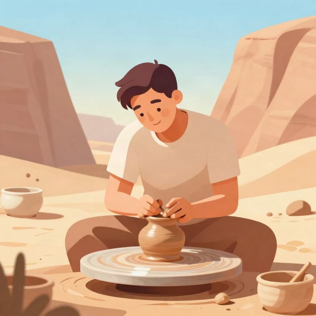 Poster illustration of a potter in a desert canyon, soft gradient fills, smooth vector finish, pastel palette.