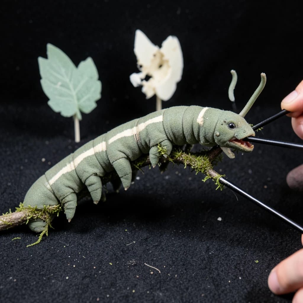 Macro photography of a practical effects test on a soundstage floor. A metre-long animatronic caterpillar puppet, dull green with a cream stripe, arched over a moss-covered branch: eight pairs of stubby legs, the front three pairs gripping the branch, the rest hanging free. Two thin black rods run out of frame to the right where a puppeteer's hands are just visible, and a third rod supports the head, which is turned toward camera with its mandibles open. Behind it, three sprayed foam leaves on stands, the middle one already chewed through. Hard key from above, black felt background, dust in the air.