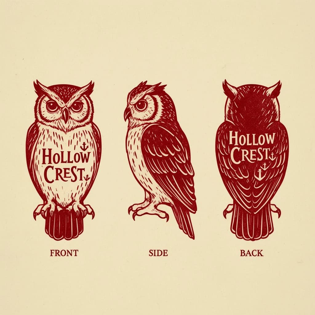 Linocut print: one bookstore owl mascot in three views. The views are captioned "front", "side" and "back" in that order. The wordmark "Hollow Crest" appears on every view with a small anchor mark beside it. The red-and-cream coloring is the same across every view, and only the angle changes.