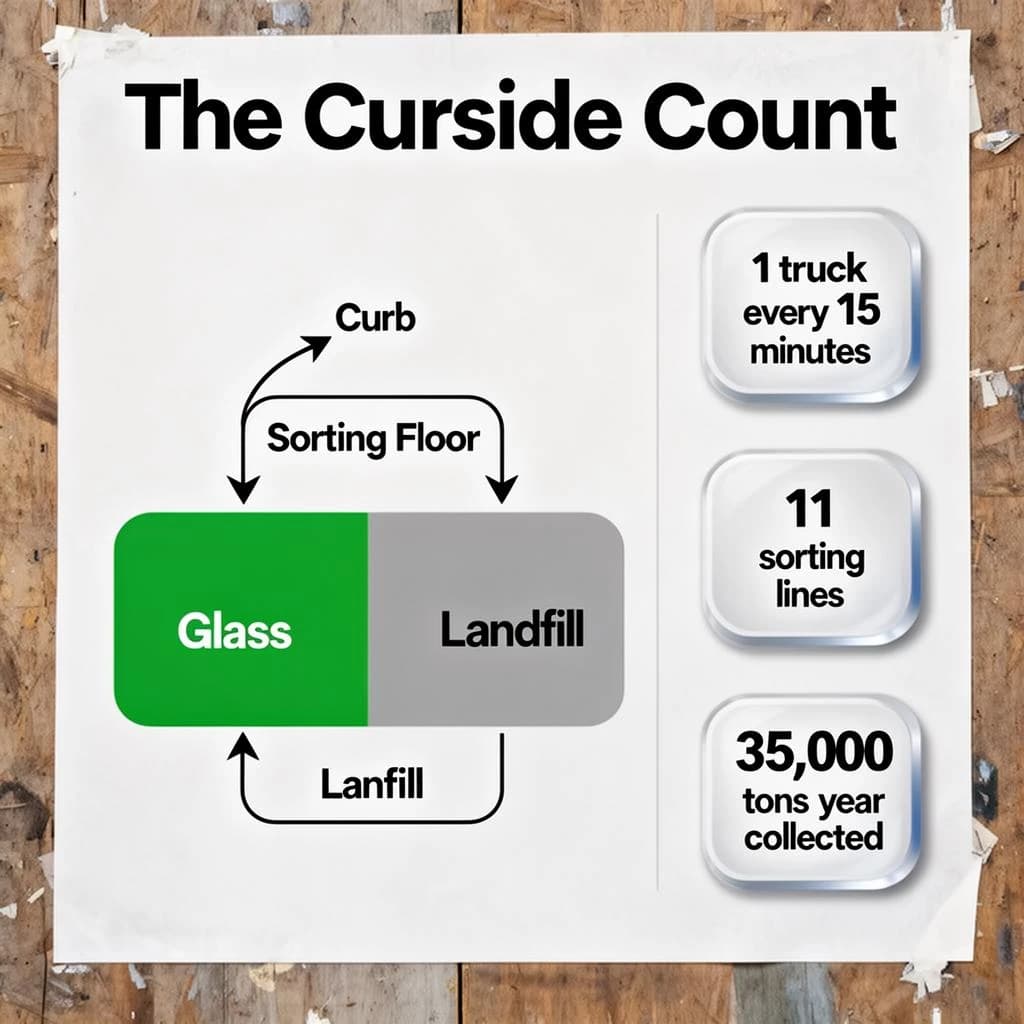 Printed poster titled "The Curbside Count": at the center a flow chart from curb to sorting floor, carrying two keyed regions, "Glass" shaded green and "Landfill" shaded gray, beside a right column of three stat chips reading "1 truck every 15 minutes", "11 sorting lines running" and "35,000 tons collected last year".
