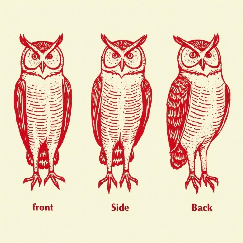 Linocut print: one bookstore owl mascot in three views. The views are captioned "front", "side" and "back" in that order. The wordmark "Hollow Crest" appears on every view with a small anchor mark beside it. The red-and-cream coloring is the same across every view, and only the angle changes.
