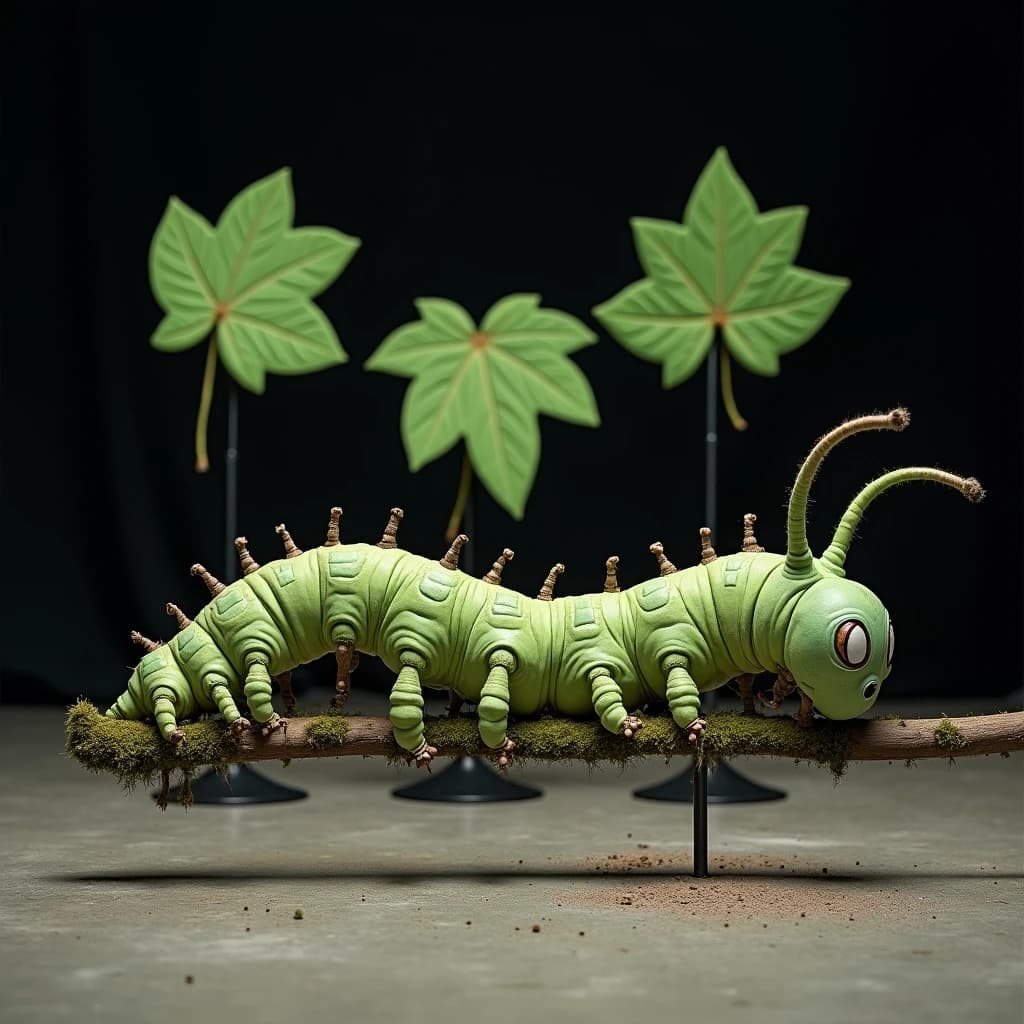Macro photography of a practical effects test on a soundstage floor. A metre-long animatronic caterpillar puppet, dull green with a cream stripe, arched over a moss-covered branch: eight pairs of stubby legs, the front three pairs gripping the branch, the rest hanging free. Two thin black rods run out of frame to the right where a puppeteer's hands are just visible, and a third rod supports the head, which is turned toward camera with its mandibles open. Behind it, three sprayed foam leaves on stands, the middle one already chewed through. Hard key from above, black felt background, dust in the air.