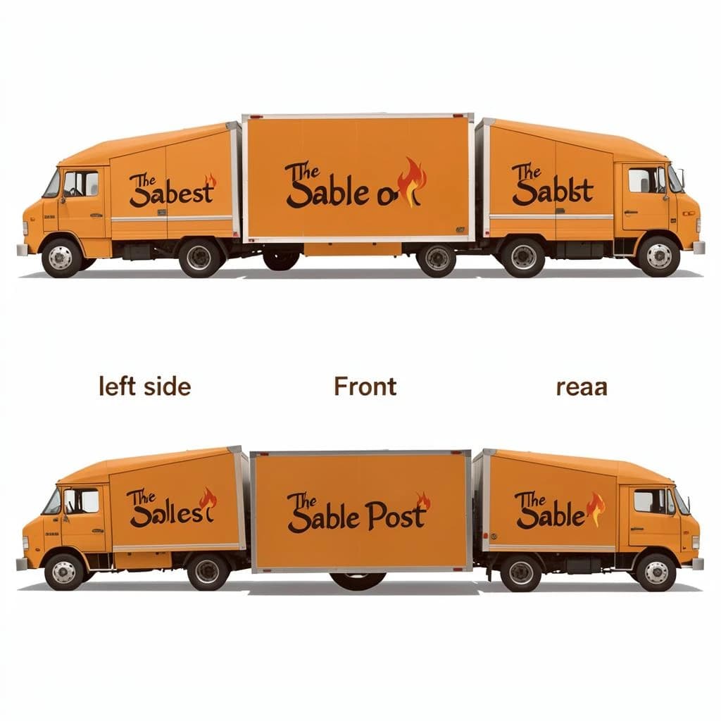Printed poster: one food truck in three sides. The sides are captioned "left side", "front" and "rear" in that order. The wordmark "The Sable Post" appears on every side with a small flame icon beside it. The orange-and-brown coloring is the same across every side, and only the side changes.