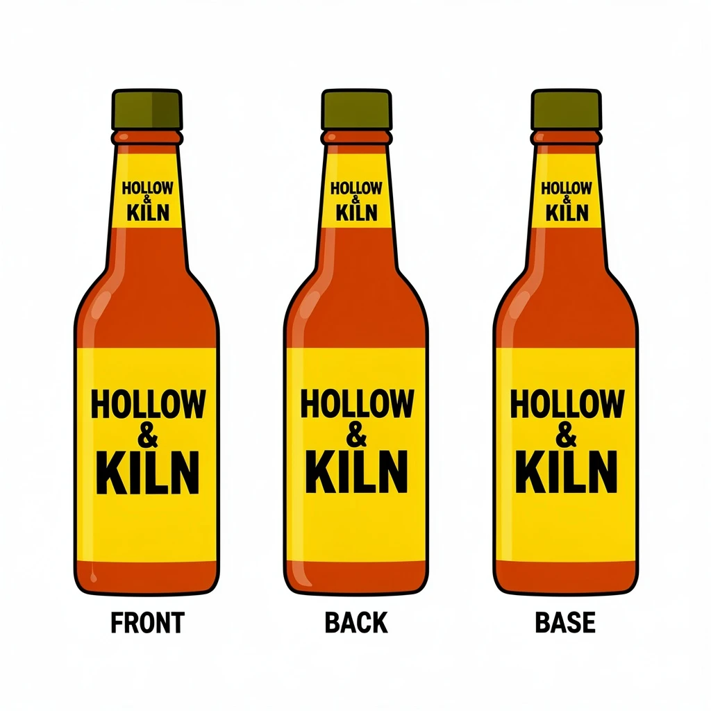 Flat vector illustration of the same hot-sauce bottle drawn in three views, captioned "front", "back" and "base", every view carrying the wordmark "Hollow & Kiln" in the same black-and-yellow coloring, only the angle changing.
