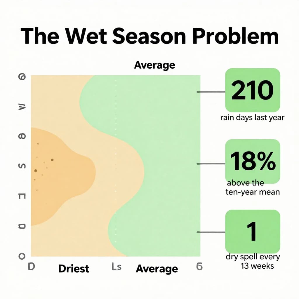 Printed poster titled "The Wet Season Problem". A twelve-month rainfall timeline sits at the center, carrying two keyed regions, "Driest" shaded sand and "Average" shaded pale green. Three stat chips run down a right column, reading "210 rain days last year", "18% above the ten-year mean" and "1 dry spell every 13 weeks". Each key color matches the shading of the region it names.