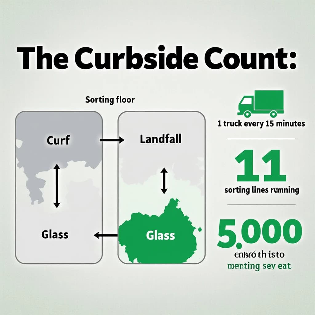 Printed poster titled "The Curbside Count": at the center a flow chart from curb to sorting floor, carrying two keyed regions, "Glass" shaded green and "Landfill" shaded gray, beside a right column of three stat chips reading "1 truck every 15 minutes", "11 sorting lines running" and "35,000 tons collected last year".