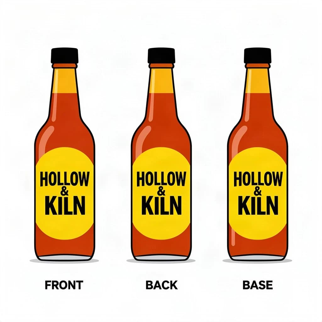 Flat vector illustration of the same hot-sauce bottle drawn in three views, captioned "front", "back" and "base", every view carrying the wordmark "Hollow & Kiln" in the same black-and-yellow coloring, only the angle changing.