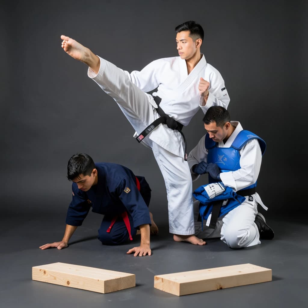 Studio photography, stunt and costume reference on a seamless charcoal backdrop, one hard key from camera left. Three taekwondo athletes in a tight diagonal: the tallest, in a white uniform with a black belt, holds a side kick frozen at chest height; the shortest, in navy with a red belt, ducks under it with both palms flat on the floor; the third kneels behind them fastening a blue chest guard onto a folded uniform. Two snapped pine boards lie at the front edge of the frame, a third board still whole in a holder's gloved hands.