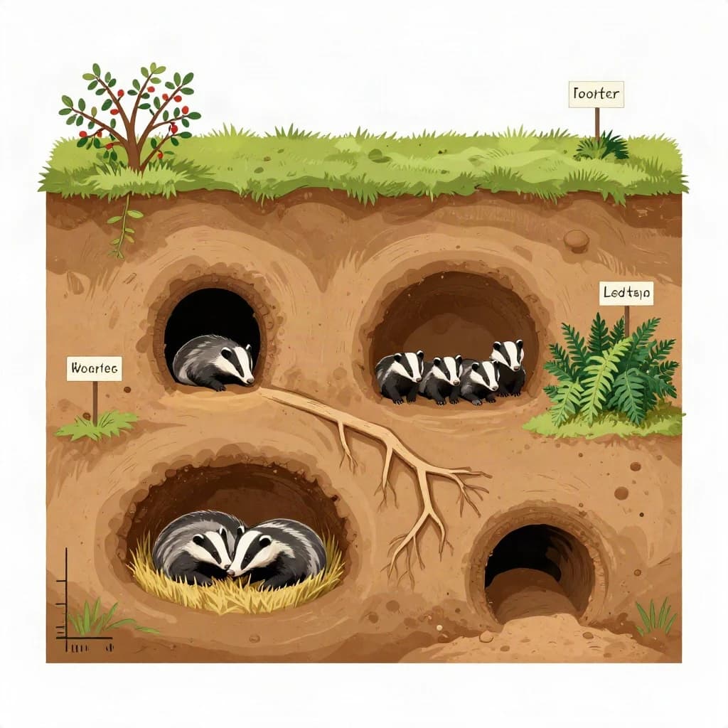 Flat vector cross-section of a badger sett cut through a hillside, soil drawn as layered ochre bands with tree roots threading through. Four chambers at different depths: the deepest lined with dry grass holding two sleeping badgers curled together, one mid level chamber standing empty, one holding three cubs, and a shallow chamber used for bedding storage. Five tunnels connect them, and two entrances break the surface, the left one under a hawthorn and the right one screened by bracken. Labels sit outside the soil profile on hairline leaders, with a depth scale in metres down the left edge.
