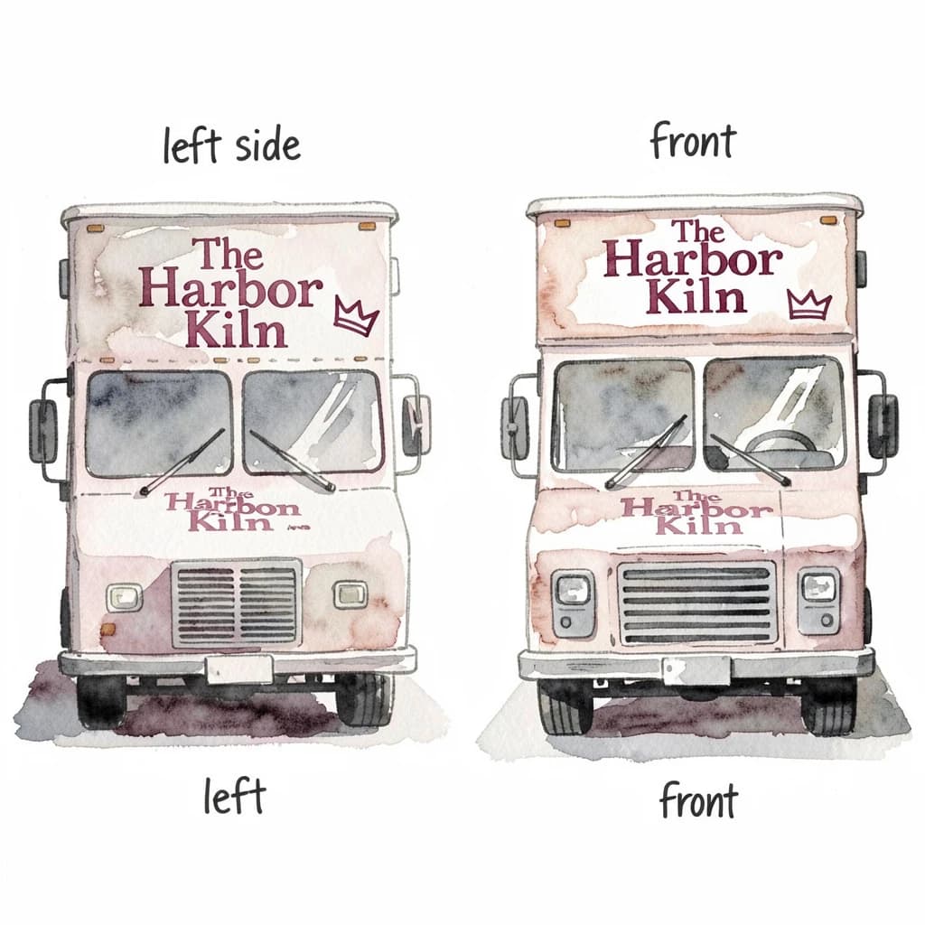 Watercolor of the same food truck drawn in two sides, captioned "left side" and "front", every side carrying the wordmark "The Harbor Kiln" with a simple crown outline beside it in the same maroon-and-gray coloring, only the side changing.