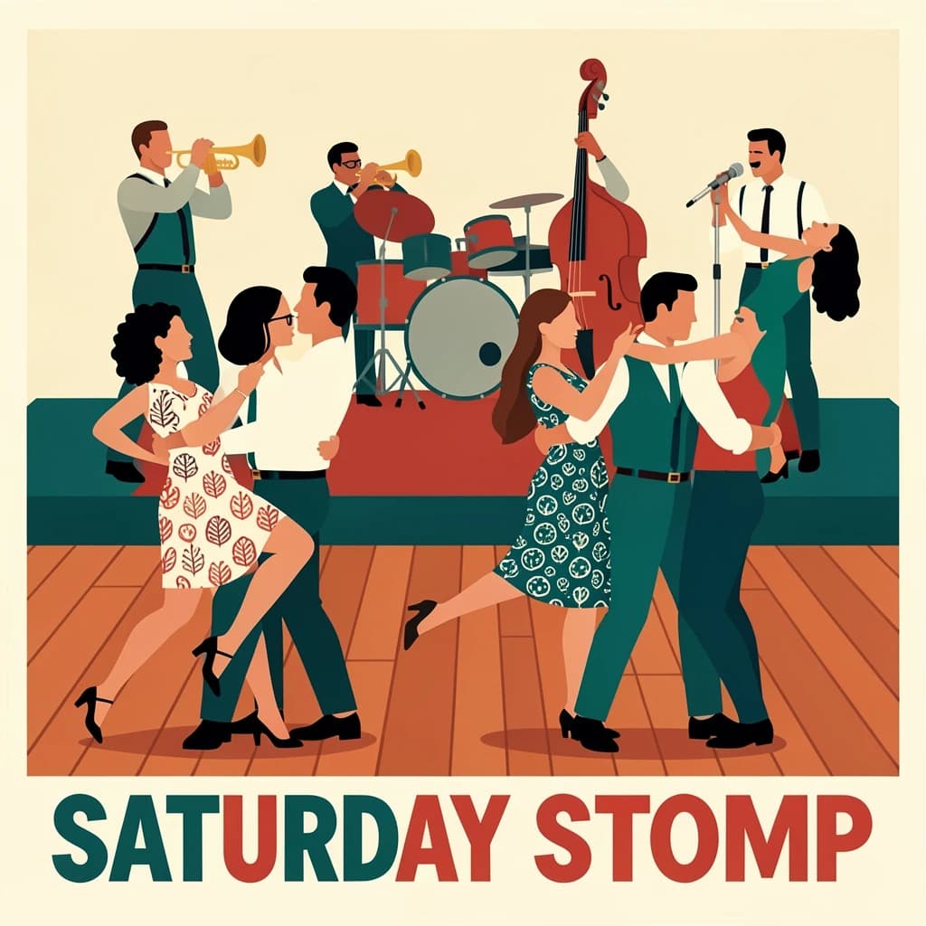 Flat design poster for a swing dance night. Four couples on a wooden floor, each caught in a different move: the front couple in a lift with the follower's feet off the ground, behind them a couple in a side by side kick, a third couple joined by one hand mid spin, and a fourth couple frozen in a dip near the back wall. All followers wear patterned dresses, all leaders wear braces and rolled sleeves. On a low stage behind them, a five piece band: two trumpets, a double bass, a drummer and a singer at a chrome microphone. Bold flat shapes, cream, teal and tomato red. "Saturday Stomp" in chunky letters along the bottom.