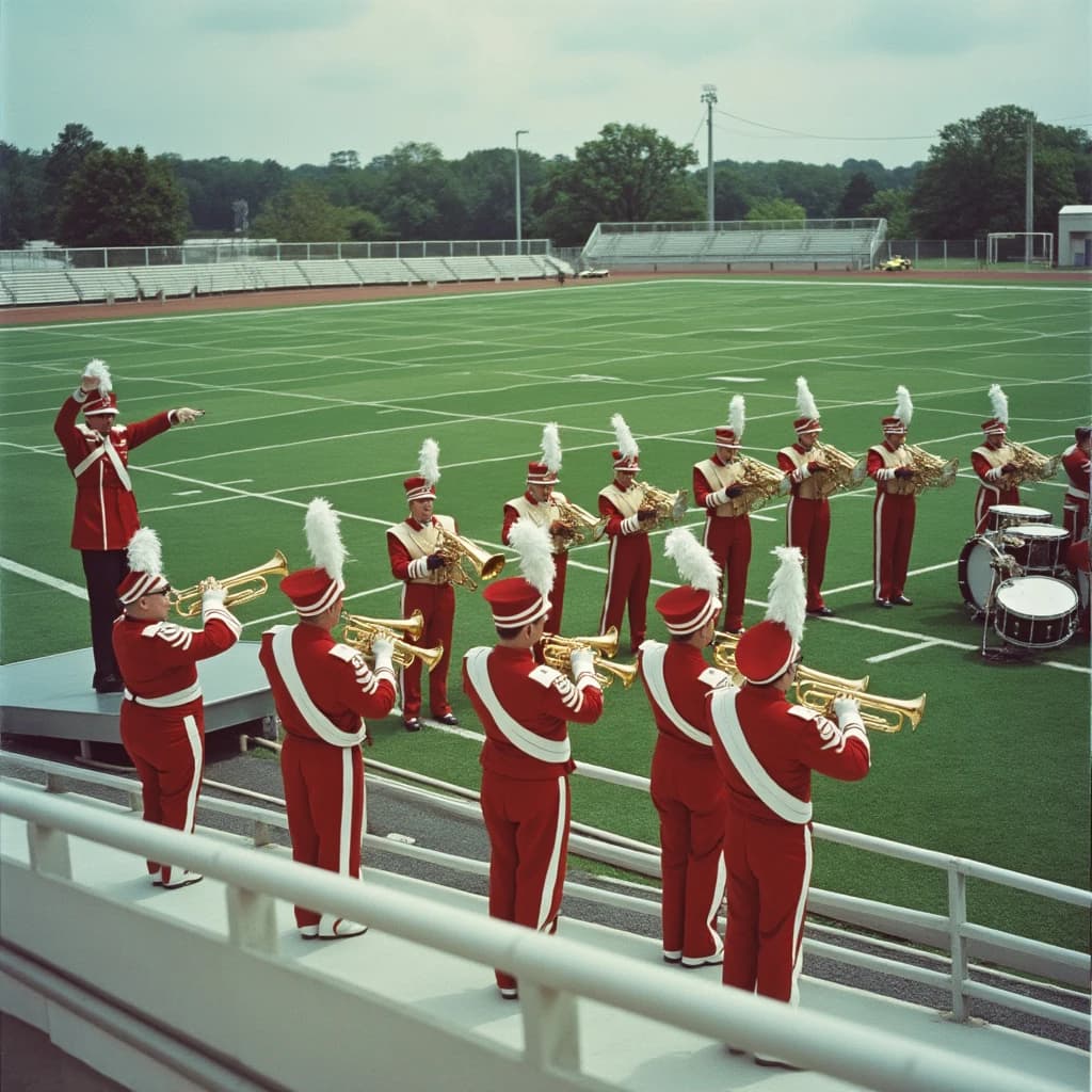 Nineteen seventies Kodachrome-era colour film look, faded warm grain and slight overexposure: a high school marching band seen from a stadium walkway. Front rank of five trumpet players in red and white uniforms, all with horns raised. Behind them three sousaphones in a triangle, the middle player caught mid turn. A line of four drummers to the right, the snare drummer nearest the camera mid stroke. A single drum major stands on a podium at the far left with his back to us, arms up. Empty green field behind them.