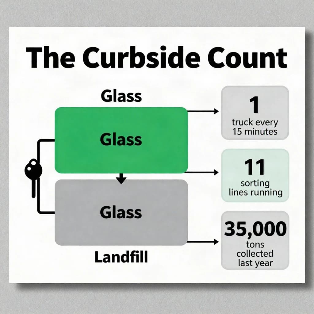 Printed poster titled "The Curbside Count": at the center a flow chart from curb to sorting floor, carrying two keyed regions, "Glass" shaded green and "Landfill" shaded gray, beside a right column of three stat chips reading "1 truck every 15 minutes", "11 sorting lines running" and "35,000 tons collected last year".
