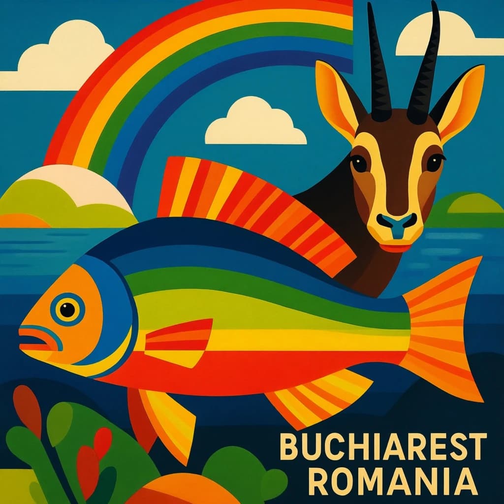 Rainbow Perch and Chamois in Bucharest, Romania in the style of modernist