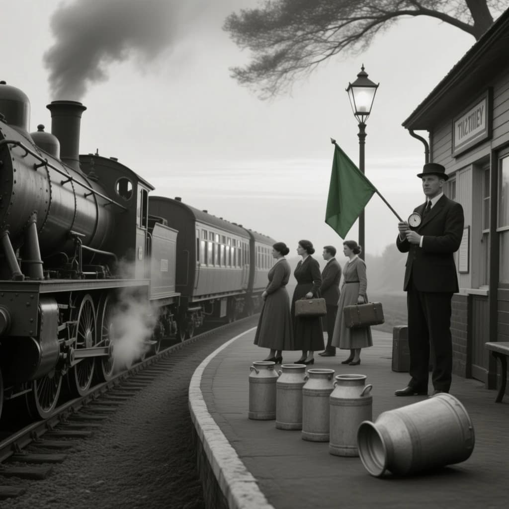 Black and white photography, historical reconstruction of a 1912 branch line halt at dawn. A steam locomotive stands at the platform with steam sheeting from between the driving wheels, three coaches behind it and only the middle coach with its windows lit. Eleven passengers wait on the platform: eight facing the engine, three facing away toward the ticket hut, and only the four women among them carrying luggage. The stationmaster stands under the lamp post with a rolled green flag and a pocket watch open in his palm. Milk churns line the platform edge, five in a row, the last one tipped on its side.