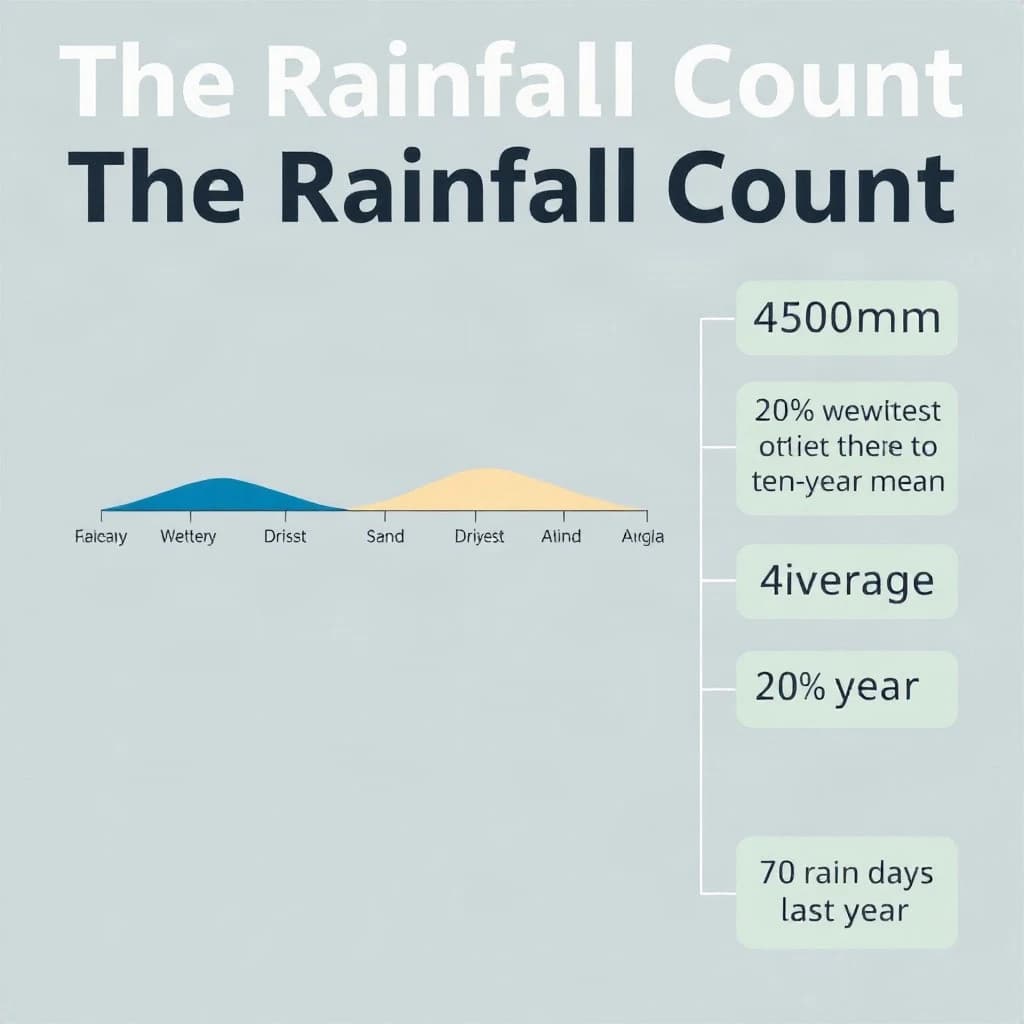 Printed poster titled "The Rainfall Count": at the center a twelve-month rainfall timeline, carrying three keyed regions, "Wettest" shaded dark blue, "Driest" shaded sand and "Average" shaded pale green, beside a right column of three stat chips reading "450mm in the wettest month", "20% above the ten-year mean" and "70 rain days last year".