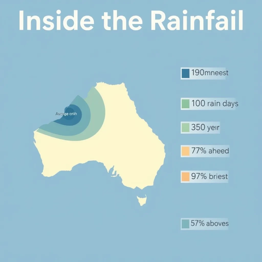 Printed poster titled "Inside the Rainfall". A simplified regional map with shaded bands sits at the center, carrying three keyed regions, "Wettest" shaded dark blue, "Average" shaded pale green and "Driest" shaded sand. Three stat chips run down a right column, reading "190mm in the wettest month", "100 rain days last year" and "7% above the ten-year mean". Each key color matches the shading of the region it names.