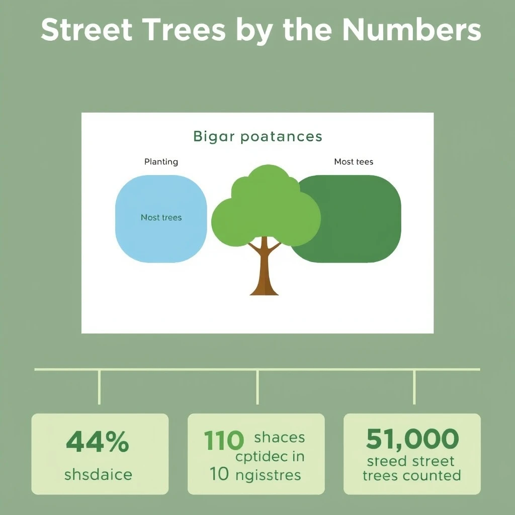 Flat infographic titled "Street Trees by the Numbers": at the center a labeled street-tree diagram, carrying two keyed regions, "New planting" shaded light blue and "Most trees" shaded dark green, beside a bottom row of three stat chips reading "44% shade coverage", "110 species in the register" and "51,000 street trees counted".