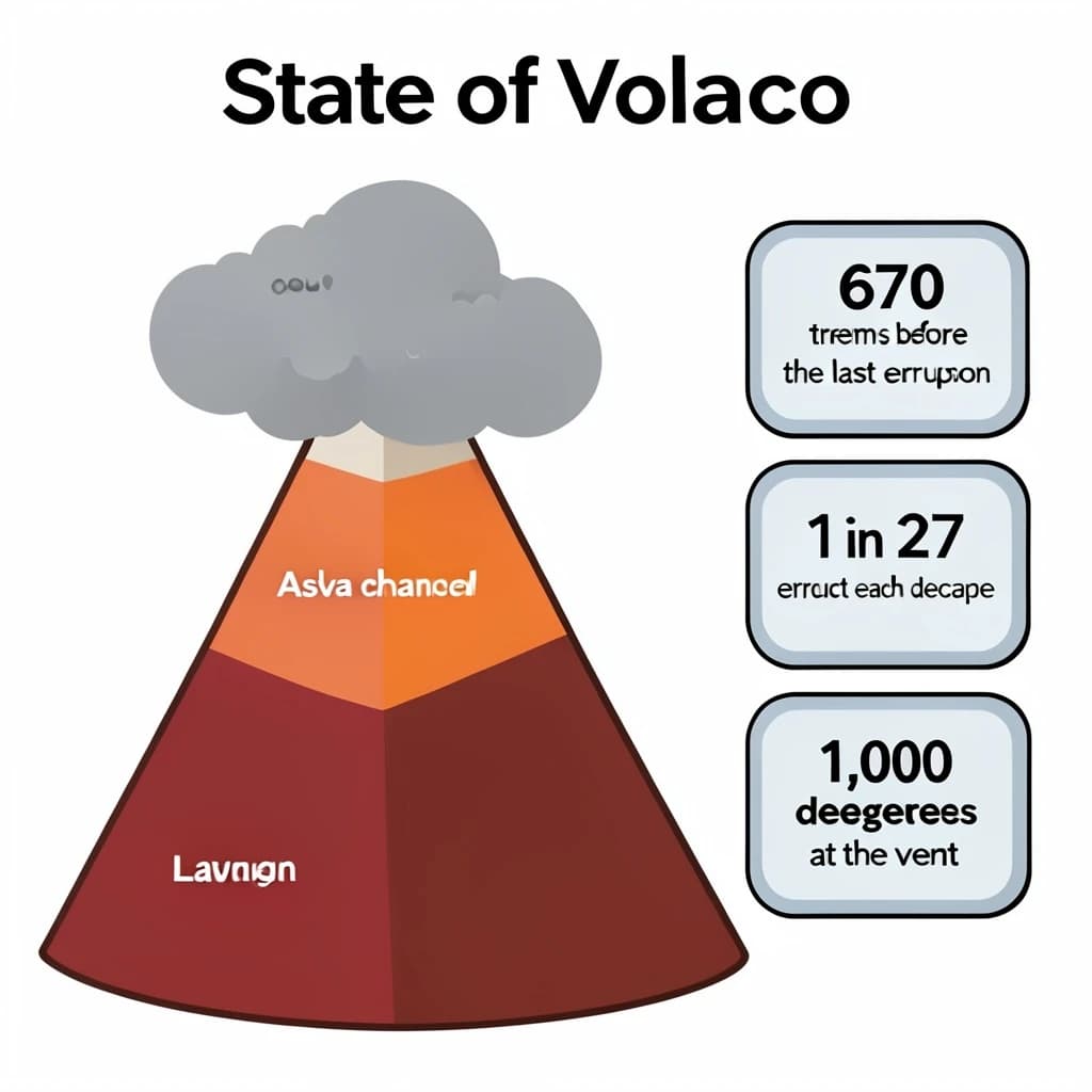 Flat vector illustration titled "State of Volcano": at the center a cutaway cone, carrying three keyed regions, "Lava channel" shaded red, "Ash cloud" shaded gray and "Magma chamber" shaded orange, beside a right column of three stat chips reading "670 tremors before the last eruption", "1 in 27 erupt each decade" and "1,000 degrees at the vent".