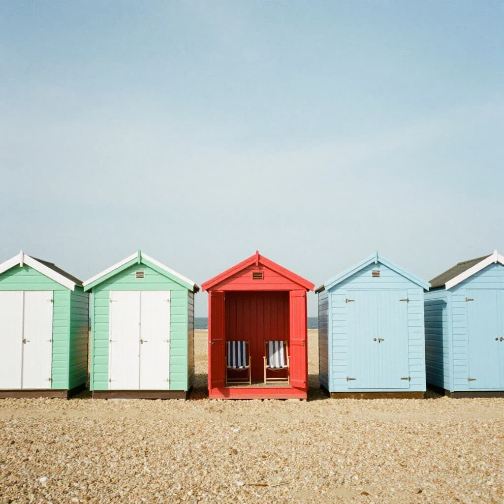 35mm film photo of seven beach huts in a row on a shingle bank. The three left huts are mint green with white doors, the middle one is red with its doors open showing two deckchairs inside, the three right huts are pale blue and shuttered.