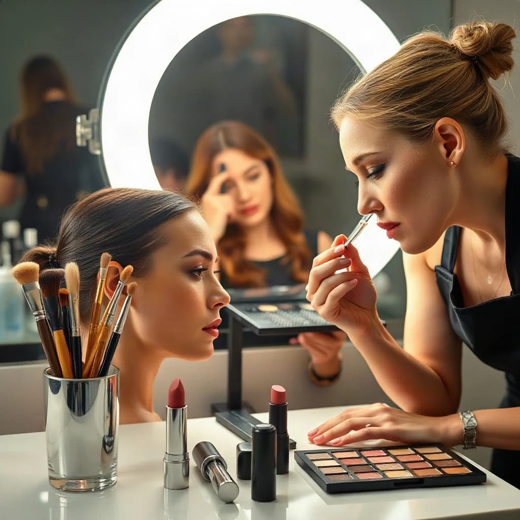 Fashion photograph at a backstage vanity lit by a ring light. A makeup artist in a black apron leans in from the right and blends cream blush into a seated model's cheekbone with her fingers, while a second artist standing behind them holds a lash tray in one hand and tweezers in the other, mid pick. On the counter between them: six brushes standing bristle up in a metal cup, three lipstick bullets lying in a row with their caps off beside them, and one open palette showing two used shades and four untouched. Warm skin tones, glossy highlights, shallow depth of field.