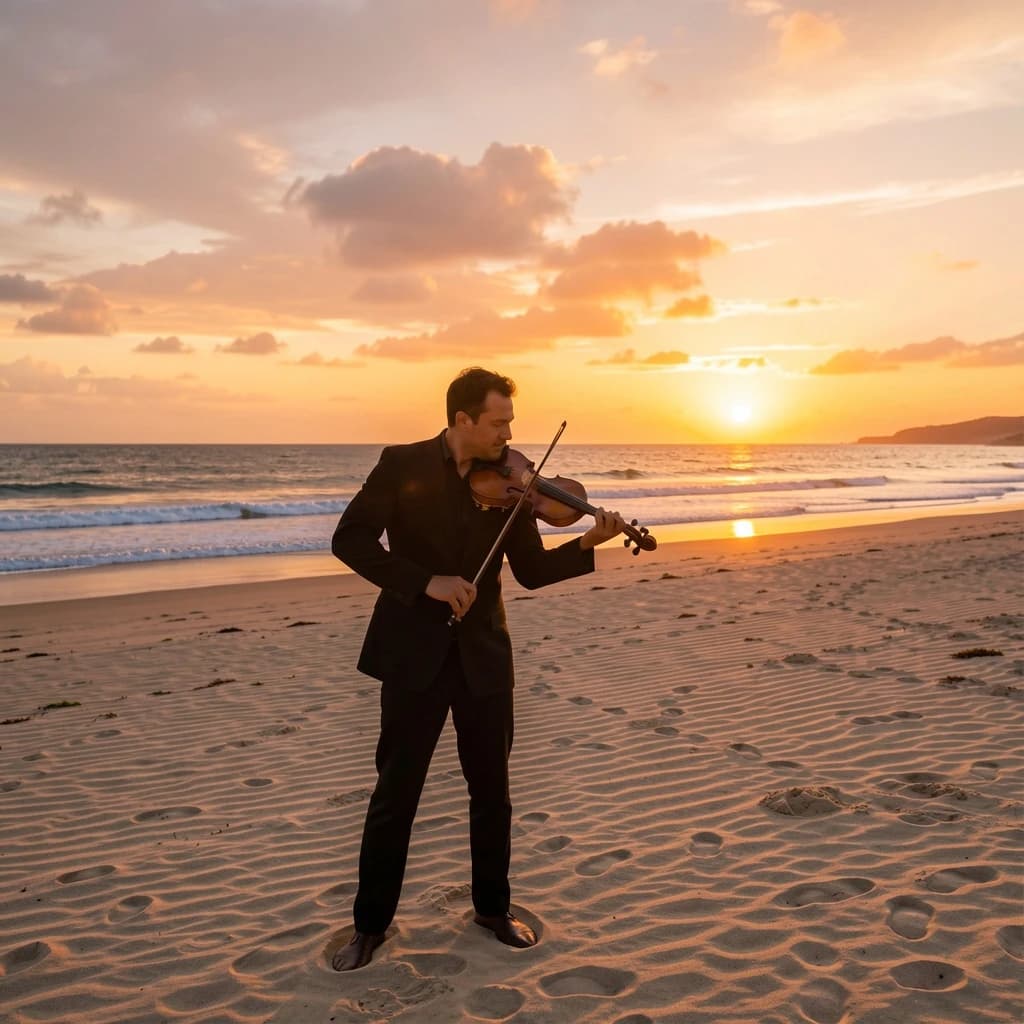 still violinist on open sand, sunset