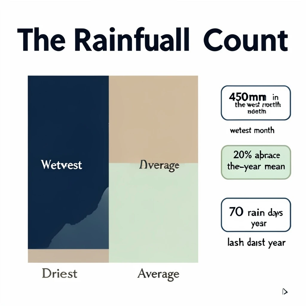 Printed poster titled "The Rainfall Count": at the center a twelve-month rainfall timeline, carrying three keyed regions, "Wettest" shaded dark blue, "Driest" shaded sand and "Average" shaded pale green, beside a right column of three stat chips reading "450mm in the wettest month", "20% above the ten-year mean" and "70 rain days last year".