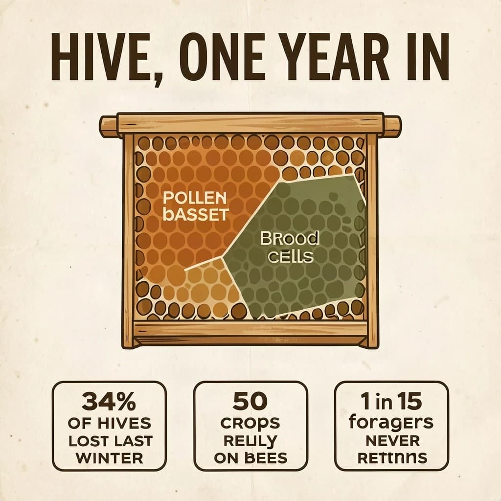 Printed poster titled "Hive, One Year In": at the center a cutaway of a hive frame, carrying two keyed regions, "Pollen basket" shaded amber and "Brood cells" shaded olive, beside a bottom row of three stat chips reading "34% of hives lost last winter", "50 crops rely on bees" and "1 in 15 foragers never returns".